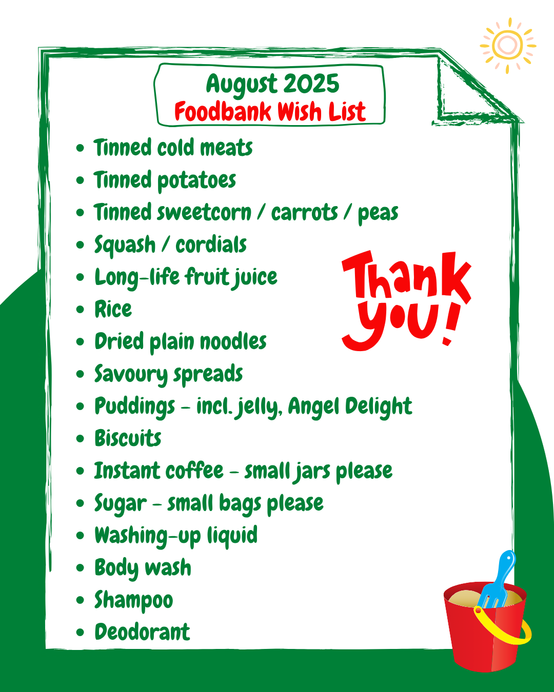 List of items urgently needed for the Food Bank this month